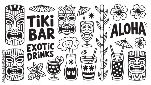 Set of exotic tiki bar elements including masks drinks and floral designs vector illustration for summer party invitations and tropical themed designs