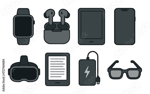 Vector illustration of modern gadgets including smartwatch and wireless earbuds