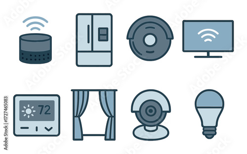 Smart home devices icons: thermostat, fridge, robot vacuum, smart tv, curtains, security camera, light bulb