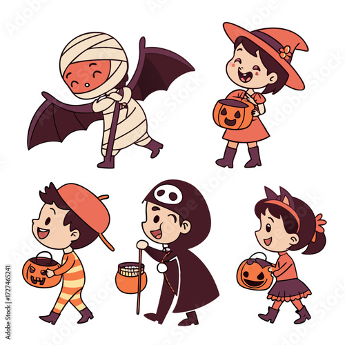 Cute Trick-or-Treating Kids Cartoon Characters