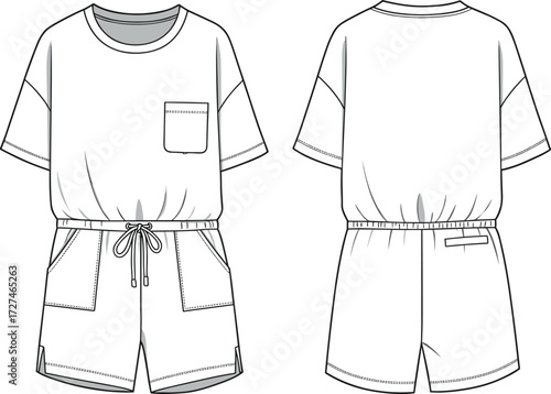 PrintWomen romper template, casual playsuit design, short sleeve jumpsuit mockup, drawstring waist outfit, fashion flat sketch, apparel technical illustration, garment clothing design