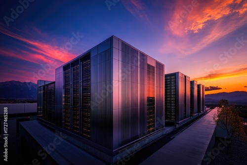 Modern data center at sunset, showcasing sleek architecture and vibrant colors.