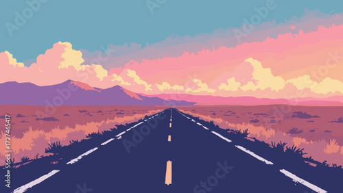 Desert highway stretching into infinite gradient horizon, dotted with VHS static clouds
