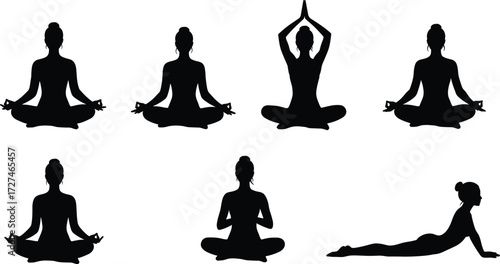 PrintYoga poses silhouette, meditation woman illustration, fitness exercise vector, spiritual relaxation artwork, wellness design, pilates stretching clipart, healthy lifestyle symbol