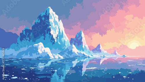 Crystal ice cliffs rising from a holographic ocean, rainbow prism reflections scattered