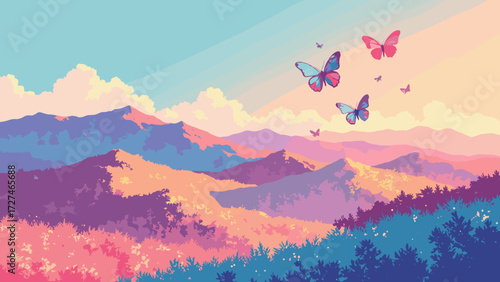 Candy-colored rolling hills patterned like terrazzo, chrome butterflies floating above