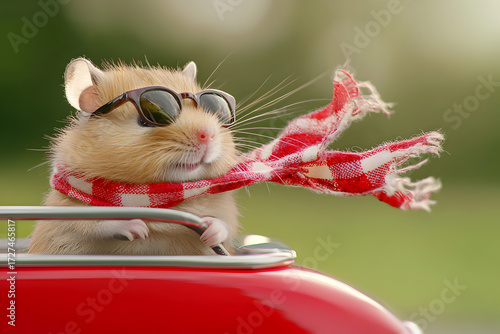 Happy cute hamster driving miniature red car, wearing cool sunglasses and scarf enjoying journey outdoor