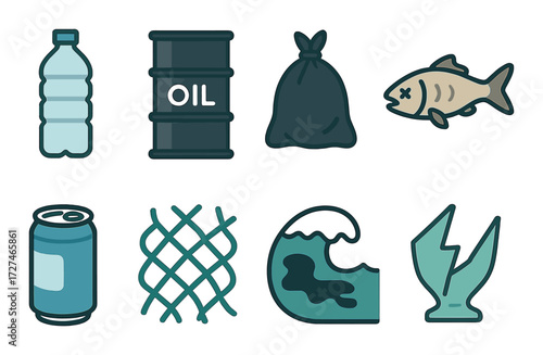 Icons illustrating pollution: plastic, oil, waste, dead fish, soda can, net, wave, glass
