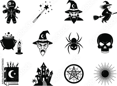 Set of twelve witchcraft and halloween icons vector illustration including voodoo doll, magic wand, cauldron, skull, haunted house, pentagram design