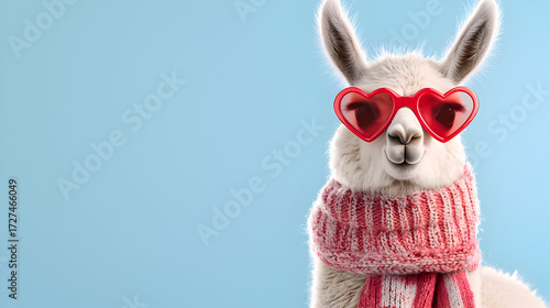 Funny cute llama with cool attitude wearing red heart sunglasses and pink scarf. Charming animal expressing love