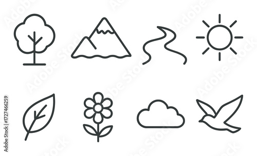 Nature icons: tree, mountain, river, sun, leaf, flower, cloud, bird