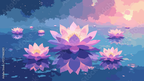Soft cloud ocean with floating chrome lotus flowers glowing in holographic hues