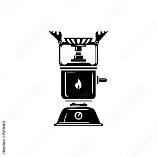 Portable camping stove for outdoor cooking, signaling travel, adventure, survival, and emergency preparedness.