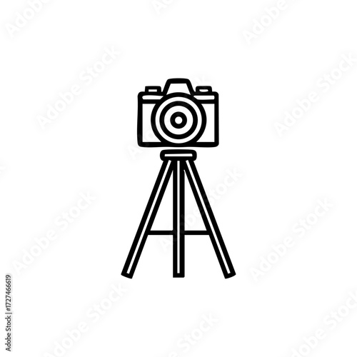 Vector drawing of a tripod with a mounted camera, representing photography, videography, and professional shooting setup.
