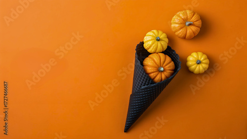 Icecream made with black ice-cream cone and pumpkins on orange background. Halloween sweet dessert. Flat lay minimal concept.