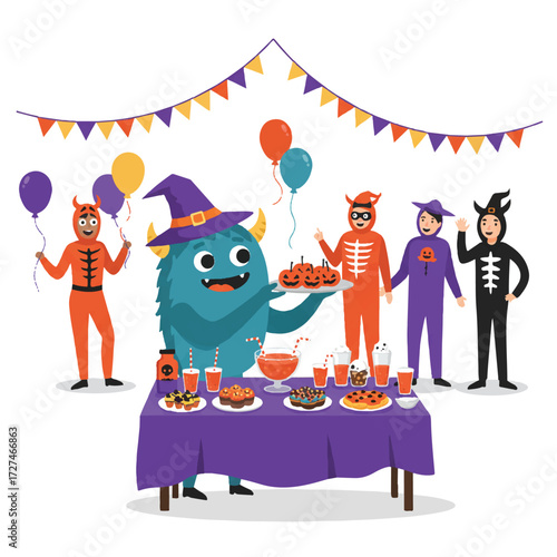 A friendly monster character serves punch and treats from a festive Halloween table at a lively costume party with other mingling guests, depicted in a charming 2D flat vector illustration.