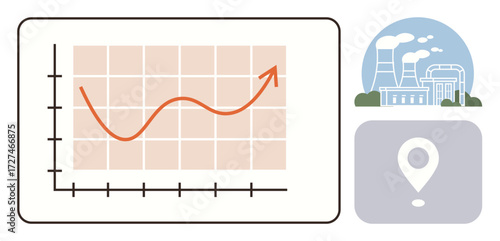 Upward curve on a line graph, industrial plant icon with chimneys, and location marker. Ideal for economy, industry, growth, progress, energy strategy planning themes. Simple flat metaphor