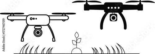 Drone icons. Smart farming drones icon in line and silhouette design. Smart farming drones editable stroke icon. Vector illustration.