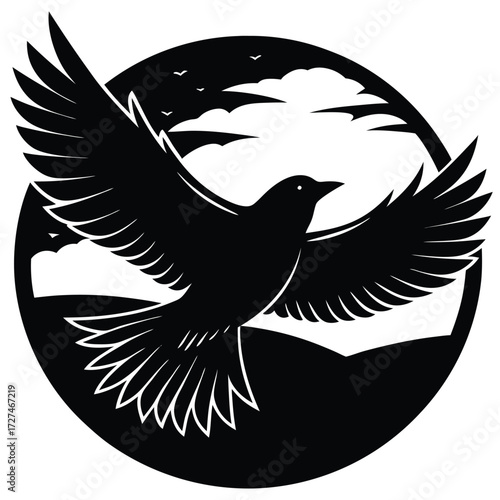 A bird soars gracefully across a serene landscape, its wings spread wide against a backdrop of rolling hills