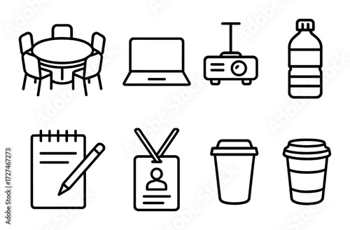 Office essentials: conference setup with laptop, projector, and refreshments