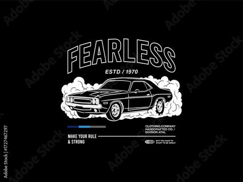Retro 1970s Muscle Car Fearless Automotive Apparel Vector Graphic, design t-shirt streetwear clothing, vector typography, perfect for modern apparel