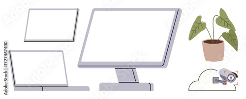 Desktop, laptop, tablet screens, potted plant, and cloud-based security camera evoke technology, security, workspace setup, productivity collaboration minimalist aesthetics and innovation. A