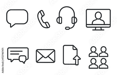 Communication icon set with chat, phone, headset, and video call symbols