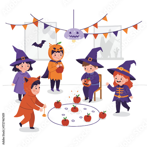 Cute children in Halloween costumes play bobbing for apples and musical chairs in a brightly lit, festive room, a joyful 2D flat vector illustration.