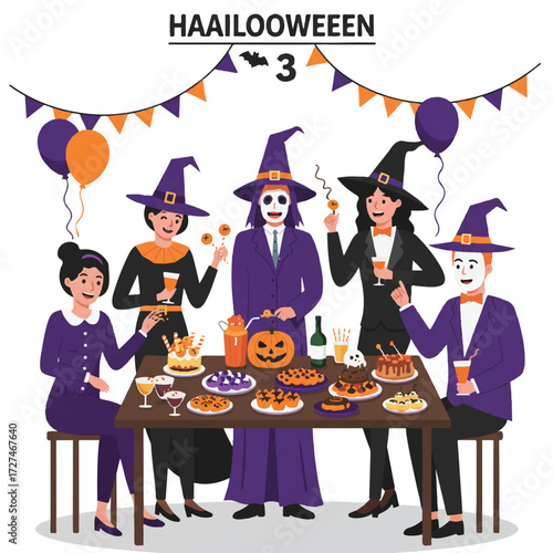 Halloween party guests in elaborate costumes, laughing and talking around a table with spooky snacks and drinks; 2D flat vector, white.