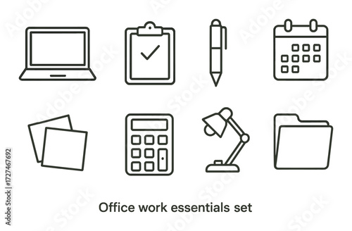 Office work essentials set: laptop, clipboard, pen, calendar, notes, calculator, lamp, folder