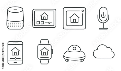 Smart home technology icons featuring voice control and cloud connectivity