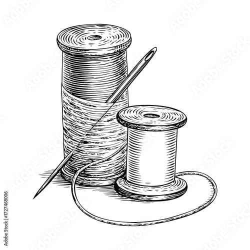 Sewing thread spools with needle in vintage sketch style