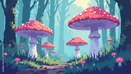 Giant crystal mushrooms sprouting from terrazzo forest floor