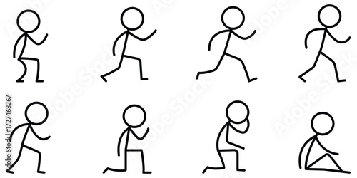 Stickman running and jogging sequence showing active movement, exercise, workout, and athletic lifestyle in multiple poses