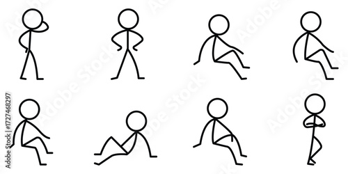  Stickman sitting and relaxing poses showing rest, calmness, leisure, and casual postures representing wellness, mindfulness, and lifestyle