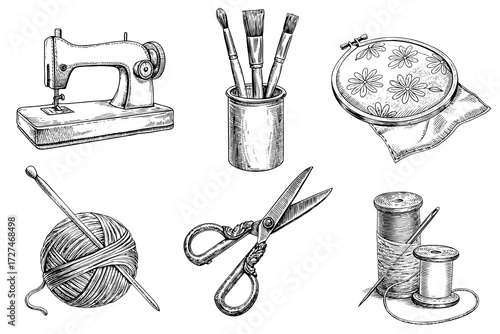 Sewing and crafting tools in vintage monochrome drawing