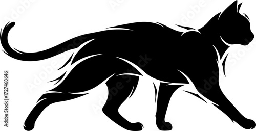 Sleek black cat silhouette gracefully strides forward with a dynamic, flowing energy, perfect for modern designs and pet branding