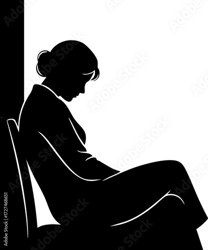 Pensive businesswoman in silhouette contemplating challenges, seeking solutions with quiet determination for professional growth and resilience.