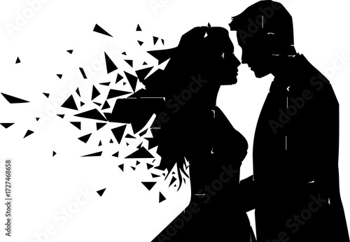 Couple embracing as abstract fragments break away symbolizing change, transformation, or a new beginning in a modern artistic style.
