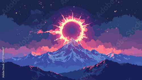 Glowing wireframe mountains beneath a holographic eclipse sun