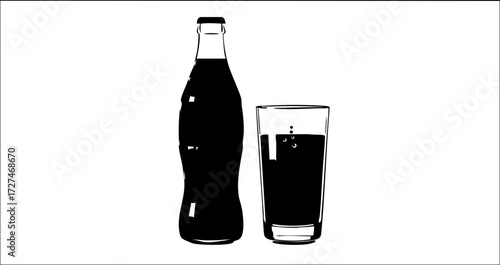 Refreshing cola bottle and full glass with bubbles, perfect for beverage advertising and refreshment themes.