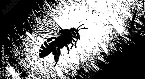 Dynamic bee silhouette in flight, captured with bold graphic lines, perfect for nature, apiary, or ecological themes, invoking buzzing energy and natural wonder.