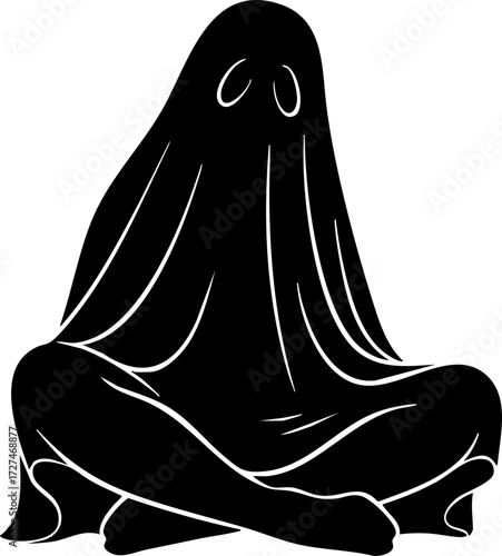 Mysterious black ghost figure meditates peacefully in serene cross legged pose, exuding calm and enigmatic presence for your creative projects.