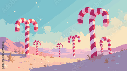 Oversized candy-cane trees growing in a desert of mirrored sand