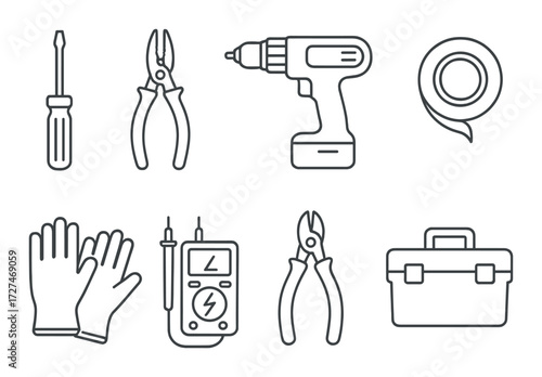 Outline of essential toolkit: screwdriver, pliers, drill, tape