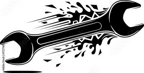 Dynamic wrench with abstract speed lines and geometric shapes conveying motion and mechanical power for automotive or industrial themes.