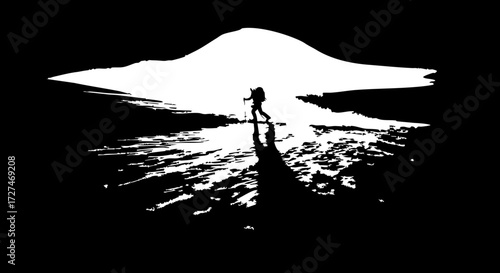 Lone adventurer trekking towards majestic snow capped mountain peak under bright sky, conveying perseverance and epic journey inspiration
