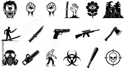 Horror survival icons set with weapons, zombie, skull, gas mask, graveyard, biohazard, scary monster vector illustration for Halloween artwork