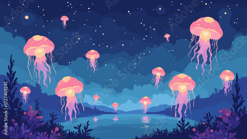 Floating jellyfish lanterns illuminating a pastel lagoon at night