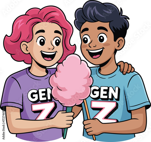 Children Sharing Cotton Candy Vector Cartoon Illustration Friendship Happiness